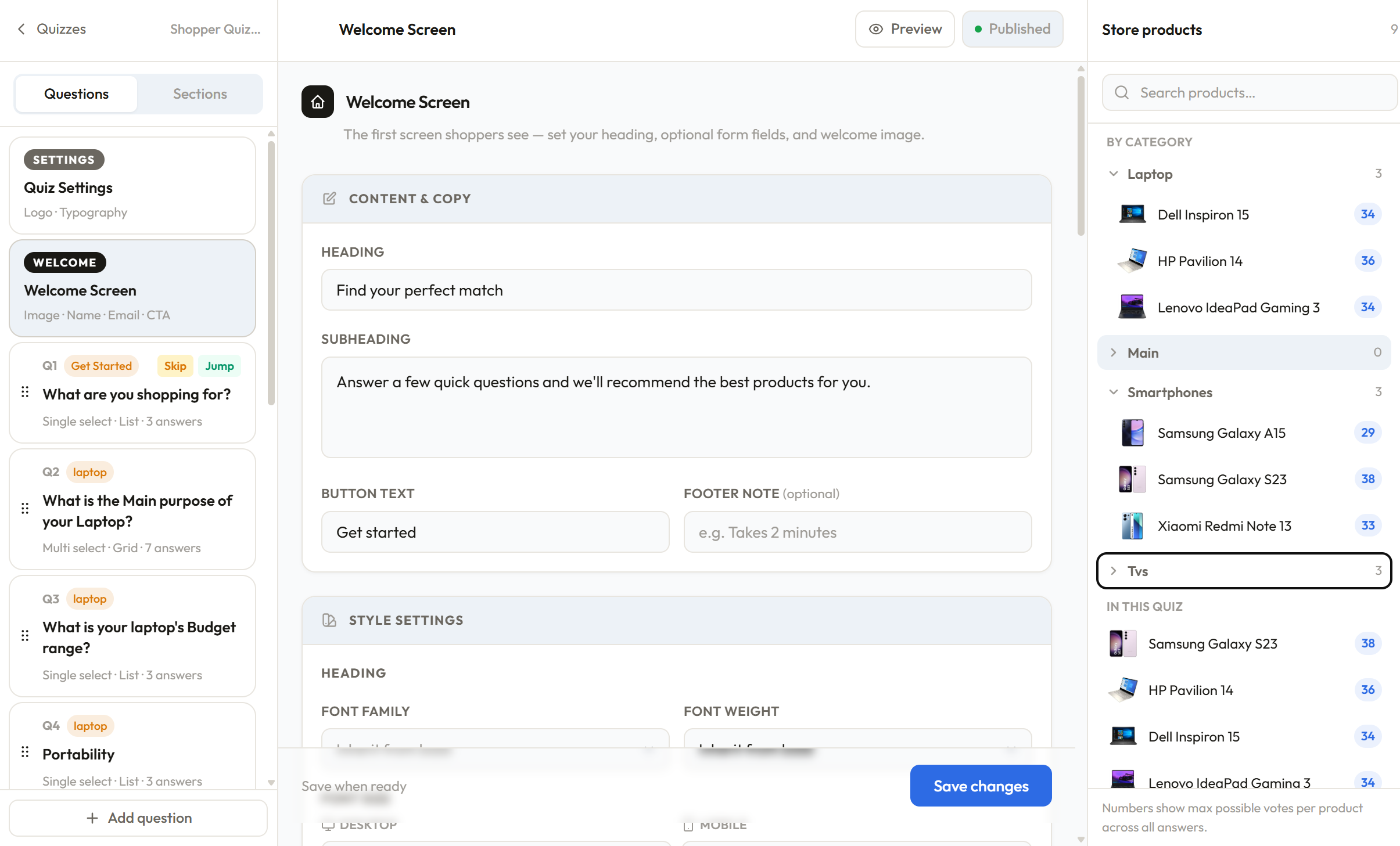 The ShopperQuiz Quiz Builder showing the three-panel layout